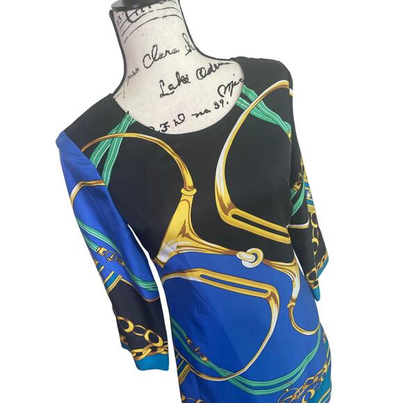 JULIE BROWN SHEATH DRESS 100% SILK SZ 0 EQUESTRIAN PRINT ECLECTIC CHIC COCKTAIL - Picture 15 of 16